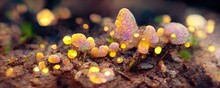 Macro Photography Of Tiny Iridescent Coloured Mushro. AI Generated Art Illustration.
