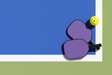 Wall Mural - Pickleball paddles and whiffleball on court, illuminated sunshine. Top view, place for text. 3d illustration, render.