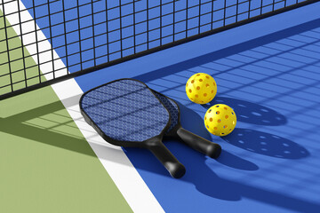 Wall Mural - Pickleball paddles with balls on court under the shadow of the grid. 3d illustration, render.