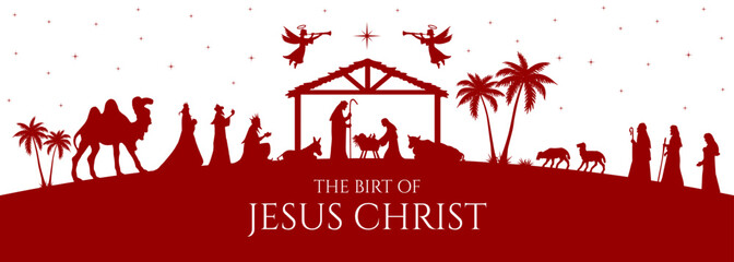 Sticker - Christmas Nativity scene greeting card illustration. Red silhouettes isolated on white background. Vector EPS10.