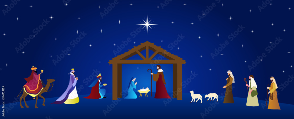 Christmas Nativity Scene. The adoration of Three Wise Men and shepherds ...
