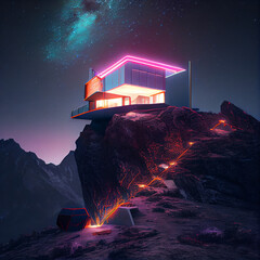 Wall Mural - Futuristic modern house in the mountains, neon lights, composition, architecture