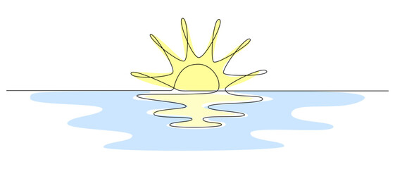 Fototapete - One continuous line drawing of sunny ocean view. Hot temperature and summer sea travel symbol in simple linear style. Solar green energy concept in editable stroke. Color Doodle vector illustration