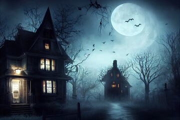 Wall Mural - illustration of a Halloween concept background of realistic horror house and creepy street with moonlight.