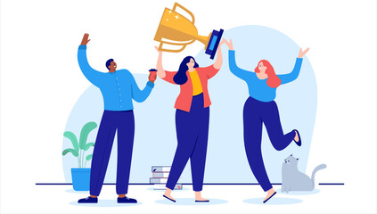 Aufkleber - Winners with trophy - Team of people cheering and celebrating award for great teamwork. Business accomplishment concept, flat design vector illustration with white background