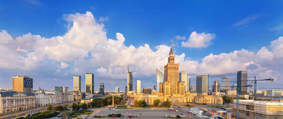 Wall Mural - Morning cityscape, panorama, banner - view of the business center of Warsaw with skyscrapers. Poland