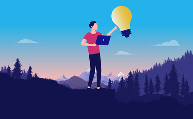 Aufkleber - Inspiration and ideas - Office worker man with computer pointing on light bulb outdoors in landscape, working on brainstorming idea. Flat design vector illustration