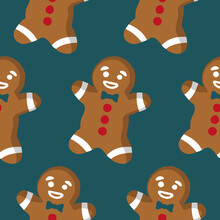 Christmas Seamless Pattern With Gingerbread Man Cookies On A Dark Teal Green Background. Funny Gingerbread Cookies In Cartoon Style. A Cute Pattern For A Wallpaper, Wrapping Paper, Textile Print Etc.