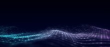 Music Wave Of Particles. Big Data Visualization. Abstract Blue Background With A Dynamic Wave. 3d Rendering.