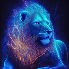 Wall Mural - Neon bright portrait of a lion in a hand drawn style.