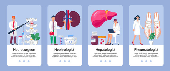 Nephrologist app template vector. Liver treatment concepts for medical website. Rheumatologist scene for mobile application.