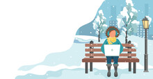 Happy Girl Sitting On A Bench In The Winter Park. Cartoon Vector Illustration For Public Garden, Vacation Concept.