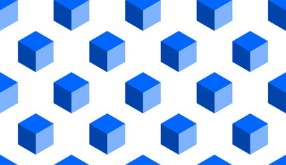 Poster - Abstract Seamless Pattern with Block Chain Style Blue Cubes or Boxes in 3D Perspective View. Vector Image.