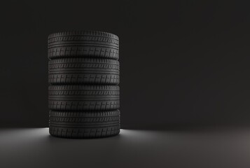 Poster - Tires on a dark background. The concept of changing tires for seasonal, using tires on snow, ice. Replacing tires with summer or winter tires. 3D render, 3D illustration.