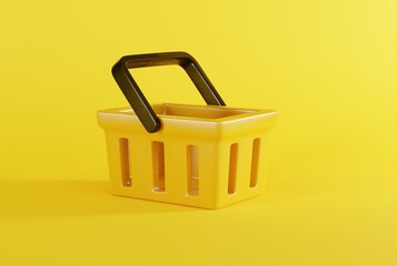 Sticker - Shopping basket on a yellow background. Shopping concept, Black friday. Shopping basket empty. 3D render, 3D illustration.