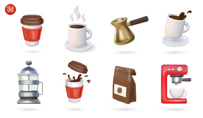 Set 3d vector coffee icons. Isolated realistic illustration of cup of espresso or tea, coffeepot, french press, hot beverage with vapor, package, coffee maker.