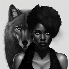 Black And White Black Woman With Wolf |  Fantasy Fiction Spirit Animal Concept | Created Using Midjourney and Photoshop | Illustration- No Real Human Models