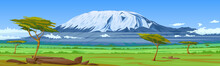 African Savannah Landscape, Trees And Pasture Fields Against The Backdrop Of The Kilimanjaro Mountain Range. Wildlife Scene,Tanzania Panoramic View, Vector Illustration. Poster, Banner.