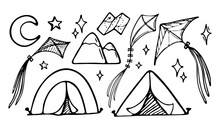 Set Of Vector Illustrations Of Tourism And Camping Equipment In Doodle Style. Hand Drawn Camping And Hiking Elements, Isolated On White Background.