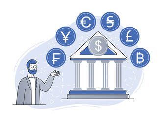Poster - man with currencies. financial literacy and passive income. investor evaluates dollar, euro and yen.