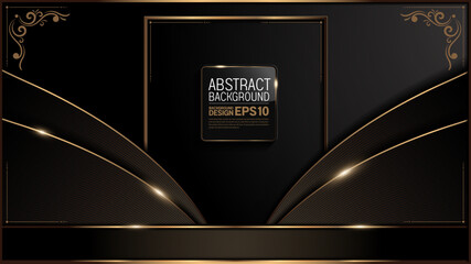 Wall Mural - gold picture frame, curve line on black luxury background, vintage floral pattern frame, classic image abstract, overlap layer shadow gradients space composition, for banner, template design
