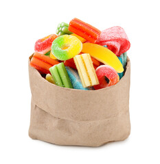 Wall Mural - Paper bag of tasty colorful jelly candies on white background