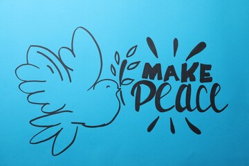 Wall Mural - Beautiful phrase Make Peace with pigeon on blue background
