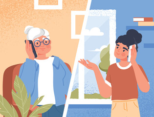 Poster - phone conversation communication. woman communicates with her mother or grandmother on phone, teleco
