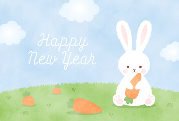 Wall Mural - new years greeting card with carrots and a rabbit, the Chinese or Japanese zodiac sign for 2023