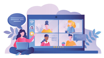 Poster - online conference concept. young girl with laptop communicates with her friends on internet and soci