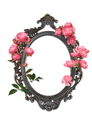 Wall Mural - Baroque style ornate metal frame with interweaving pink blooming roses isolated cutout