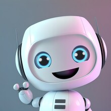 Friendly Cute Cartoon Robot - 3d Render. Technology Concept. Customer Support Chatbot, Online Consultant, Assistant. Kawaii Bot With Smiling Face On The Screen. Robotic Toy.