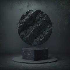 Sticker - Black stone pedestal background presentation 3d stage podium of abstract nature tree branch leaf or product platform stand display rock showcase and empty dark marble premium scene blank space mockup.