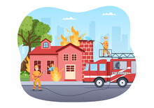 Fire Department With Firefighters Extinguishing House, Forest And Helping People In Various Situations In Flat Hand Drawn Cartoon Illustration