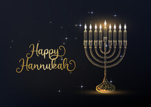 Happy Hannukah Greeting Cart With Gold Futuristic Menorah And Burning Candles On Black Background