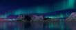 © RocknRoller Studios - Blue Aurora Borealis over Rocky Terrain. Beautiful Northern Lights Banner with copy-space.