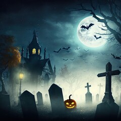 Canvas Print - Pumpkin zombie Rising Out Of A Graveyard cemetery and church In Spooky scary dark Night full moon bats on tree. Holiday event halloween banner background concept.