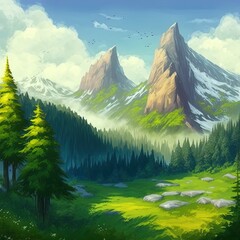 Wall Mural - Mountain Forest. Nature Scene. Fantasy Backdrop. Concept Art. Realistic Illustration. Video Game Background. Digital Painting. Scenery Artwork. Serious Painting. Book Illustration.