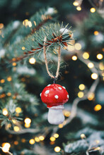 Diy Pottery Toy On Christmas Tree. Fly Agaric Bauble Sustainable Christmas Tree Decoration. Christmas Zero Waste