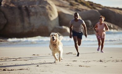 Sticker - Dog, running and beach with a black couple and pet on vacation feeling happiness and free. Sea, sand and holiday freedom of a family animal and people by the sea and sand on a morning run together