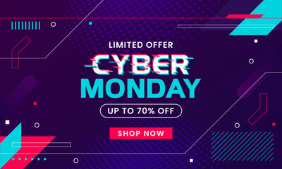 Canvas Print - Cyber Monday Sale abstract background. For advertising poster or banner design with blue purple retro futuristic memphis style background