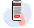 hand holding smartphone delete hoax news from cellphone. flat design vector illustration