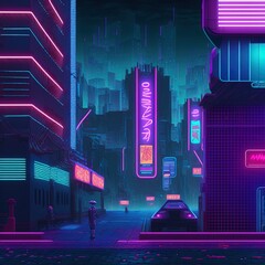 Wall Mural - Cyberpunk neon city night. Futuristic city scene in a style of pixel art. 80's wallpaper. Retro future 3D illustration. Urban scene.