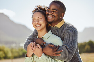 Sticker - Black couple, hug and smile for countryside travel, trip or quality bonding time together in the outdoors. Man and woman hugging embracing relationship and enjoying vacation, traveling and nature