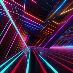 Poster - 3d render, abstract background with colorful neon lines going up, virtual reality wallpaper with laser rays