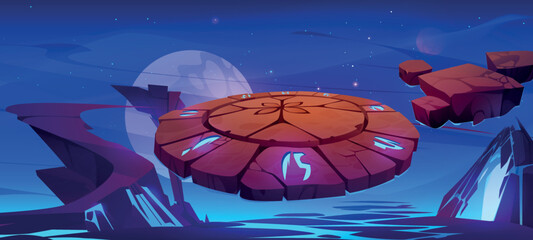 Poster - fantastic stone platform against space background. cartoon vector illustration of cosmic landscape w