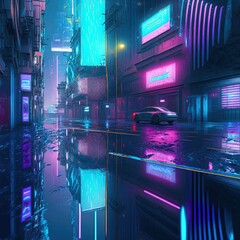 Poster - 3D Rendering of neon mega city with light reflection from puddles on street heading toward buildings. Concept for night life, business district center (CBD)Cyber punk theme, tech background