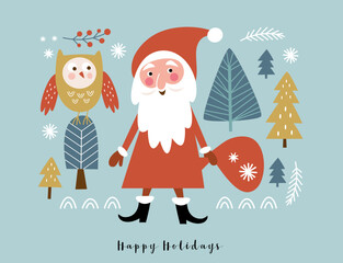 Wall Mural - Santa Claus with owl and gift's bag. Christmas card	