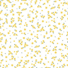 Cute Floral Pattern. Seamless Vector Texture. An Elegant Template For Fashionable Prints. Print With Small Yellow Flowers, Green Leaves. White Background.