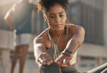 Sticker - Music, headphones and black woman stretching for fitness warm up, cardio exercise and training for marathon race. Workout, health commitment and runner listening to radio or streaming audio podcast